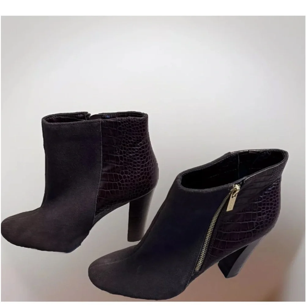 Iman Brown Boots Sz 10 Zip Up 4'' High Heel Ankle Reptile Bootie Party Office